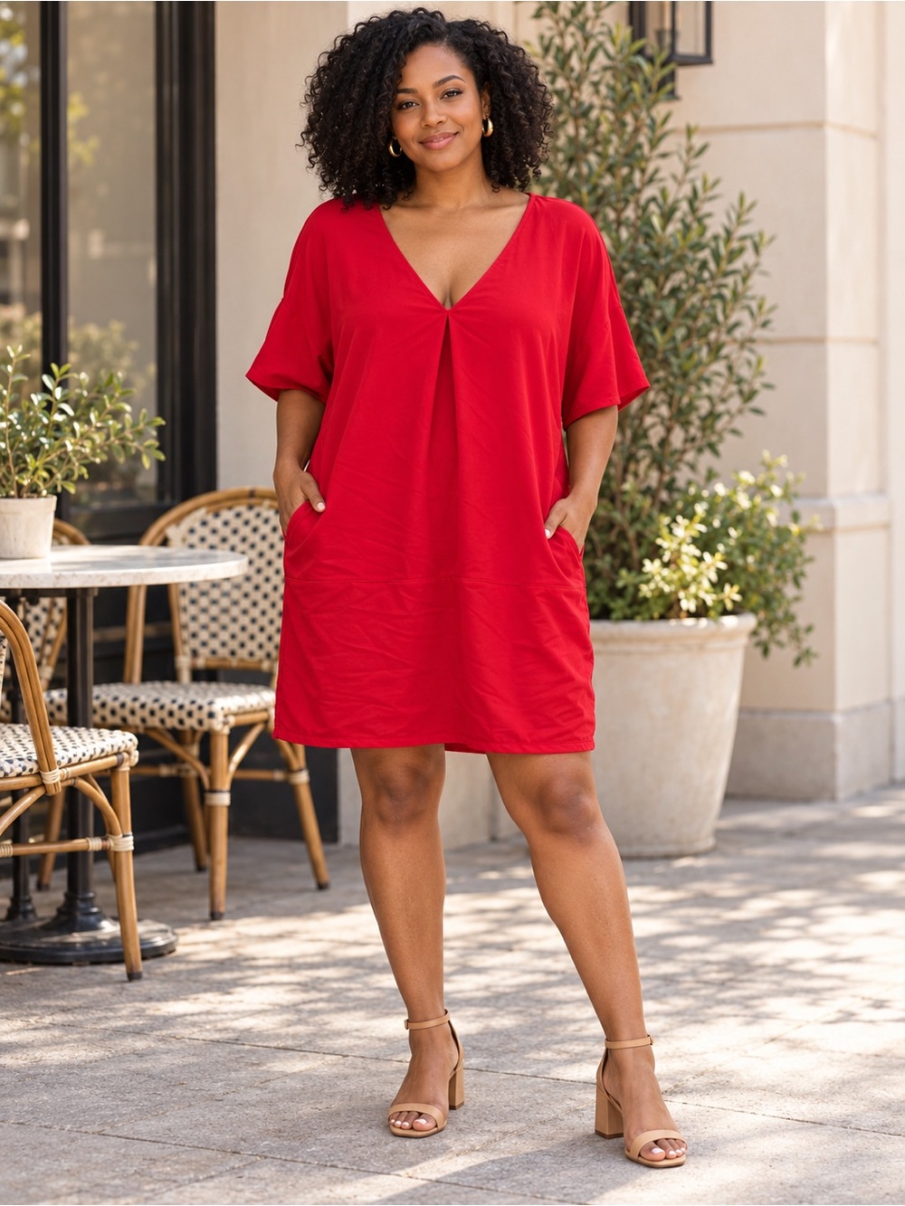 H Halston Red V Neck Shift Dress Medium Pleated Front Short Sleeve Pockets - Picture 5 of 8